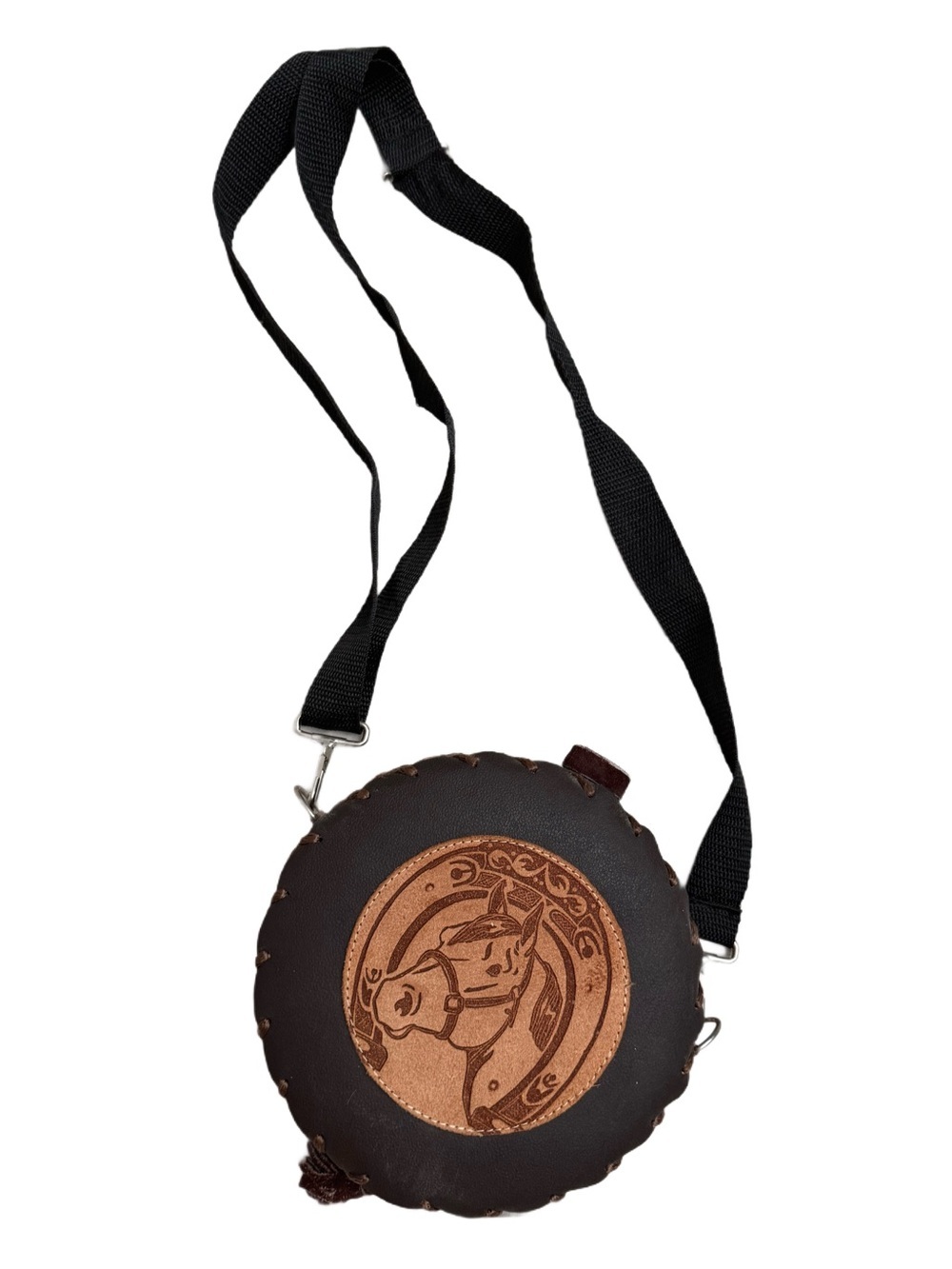 Round Brown Leather Crossbody canteen Horse Motif water bottle